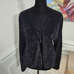 Margaret O’Leary Women’s Sz M Black  Chenille Tie Front  Sweater USA Made Vtg